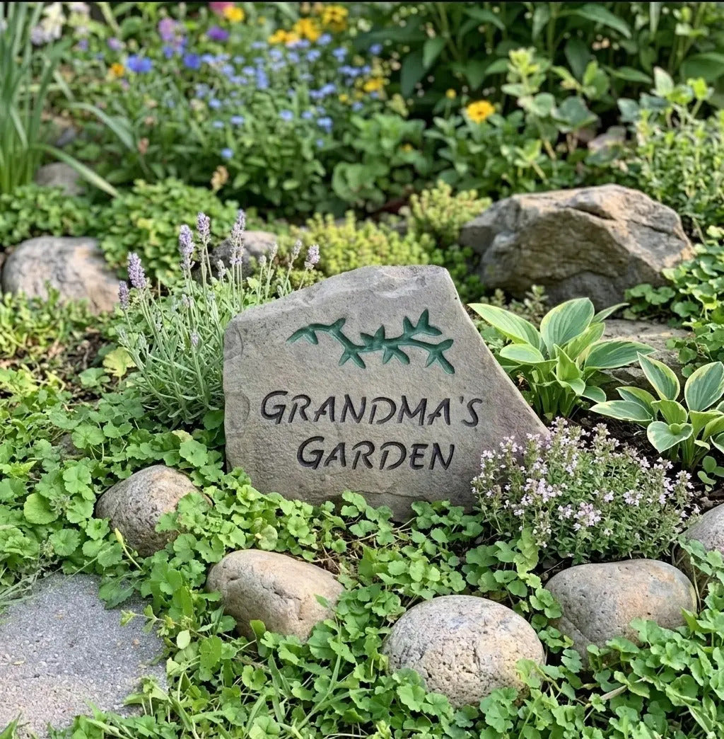 Grandma's Garden fieldstone handcrafted engraved stone