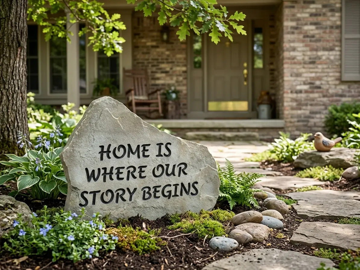 Home Is Where Our Story Begins fieldstone handcrafted engraved stone