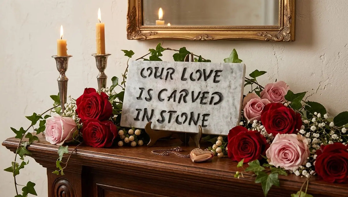 Our Love Is Carved in Stone plaque handcrafted engraved stone
