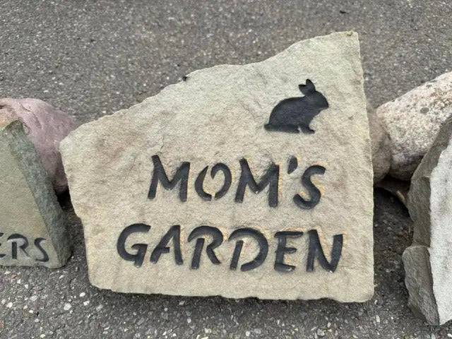 Mom's Garden rabbit stone handcrafted engraved stone