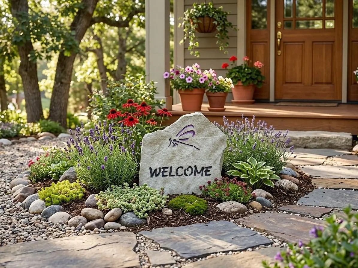 Dragonfly welcome stone handcrafted engraved stone
