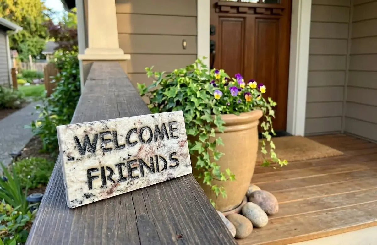 Welcome Friends granite plaque handcrafted engraved stone