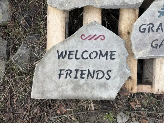 Welcome Friends garden stone handcrafted engraved stone