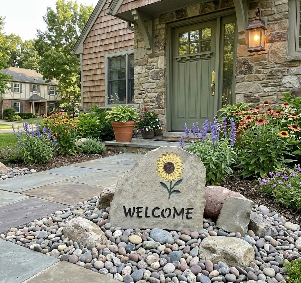Sunflower welcome stone handcrafted engraved stone